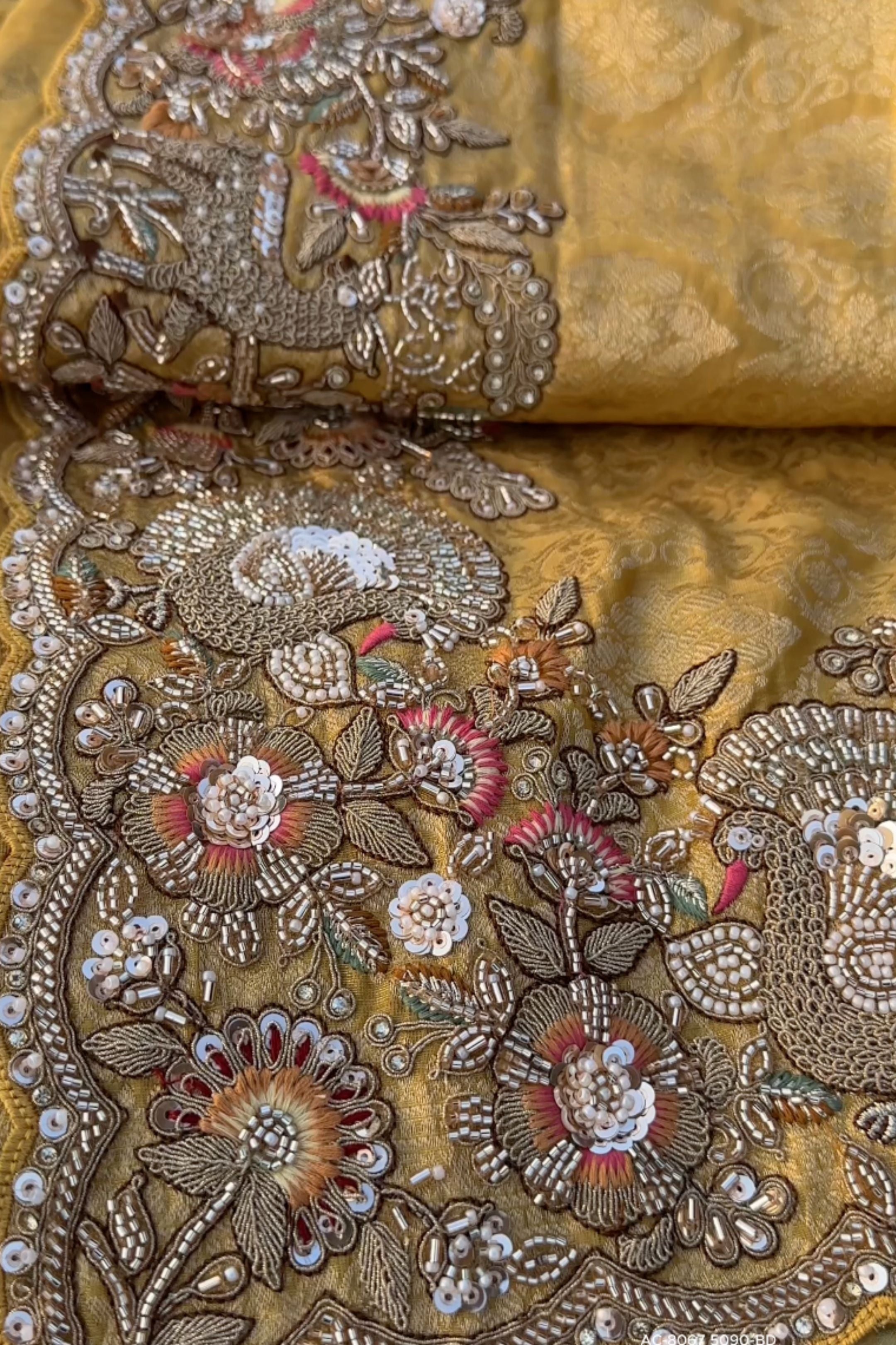 Beige Tissue Unstitched Saree Embellished With Sequins, Thread, Zari, Moti & Cutdana Work